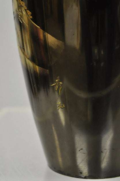 Vintage 10" Oriental Bronze Metal Pagoda Mountain Engraved Vase Set - a Pair