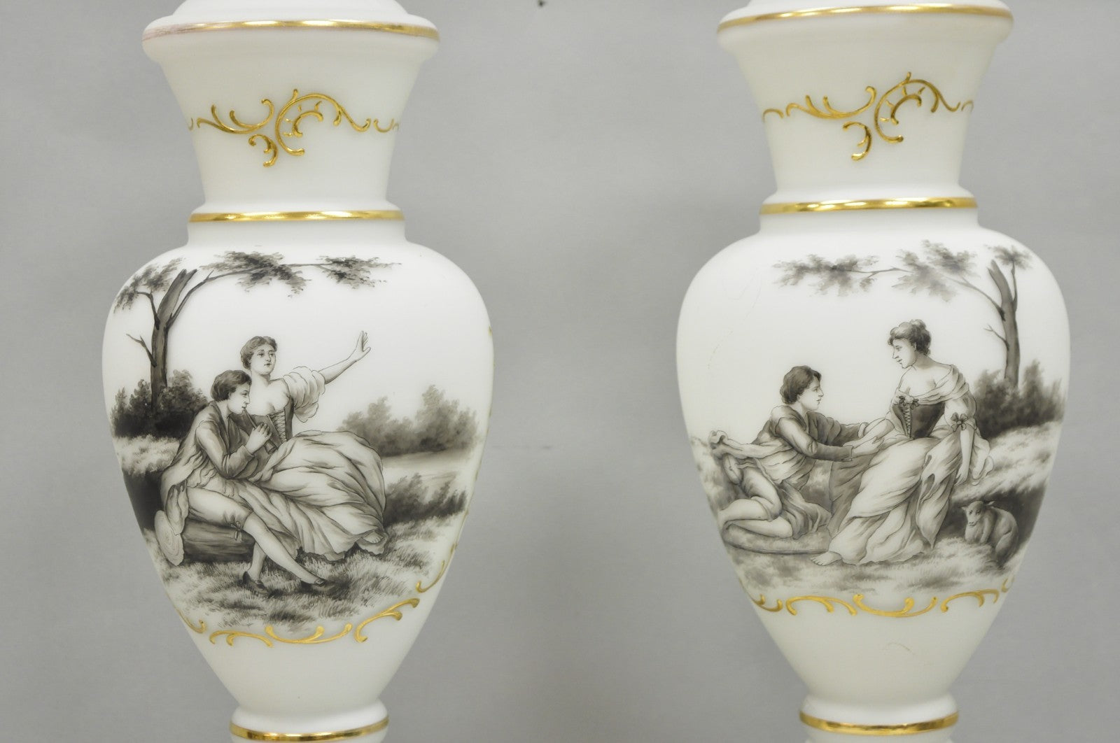 Vintage French Country Renaissance Frosted Glass Urn "Courting" Table Lamp, Pair
