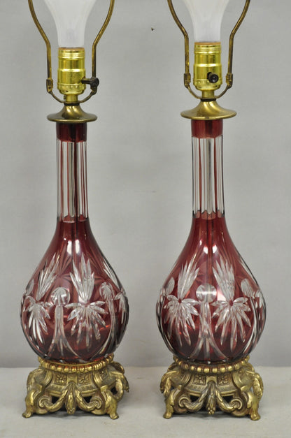 Antique Bohemian Cranberry Ruby Red Cut to Clear Glass Table Lamps - a Pair