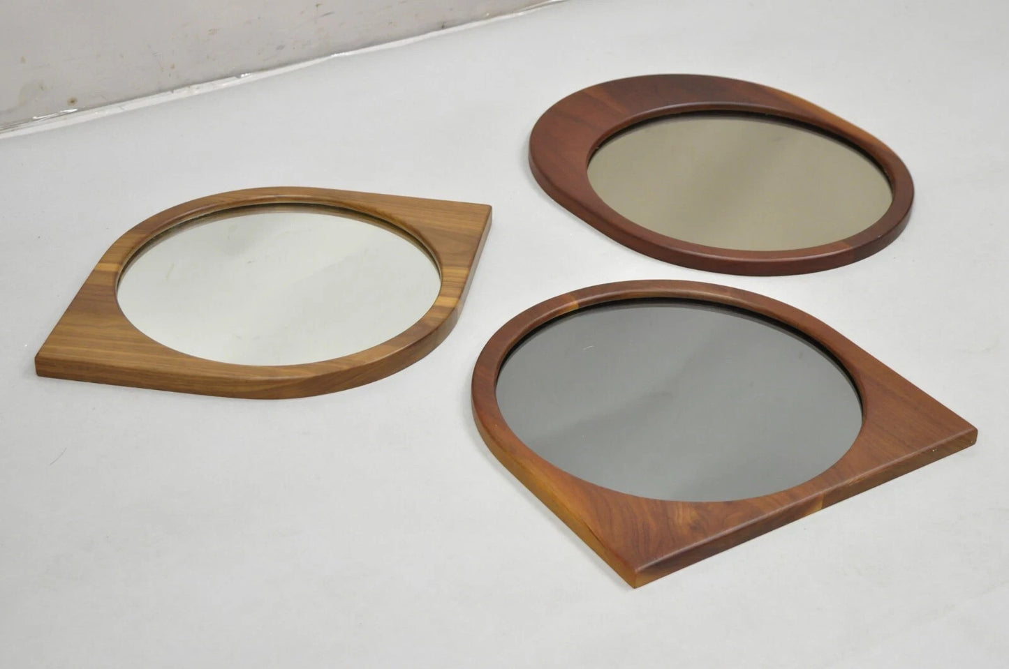 Mid Century Danish Modern Style Sculpted Solid Teak Wood Mirrors - 3 pc Set