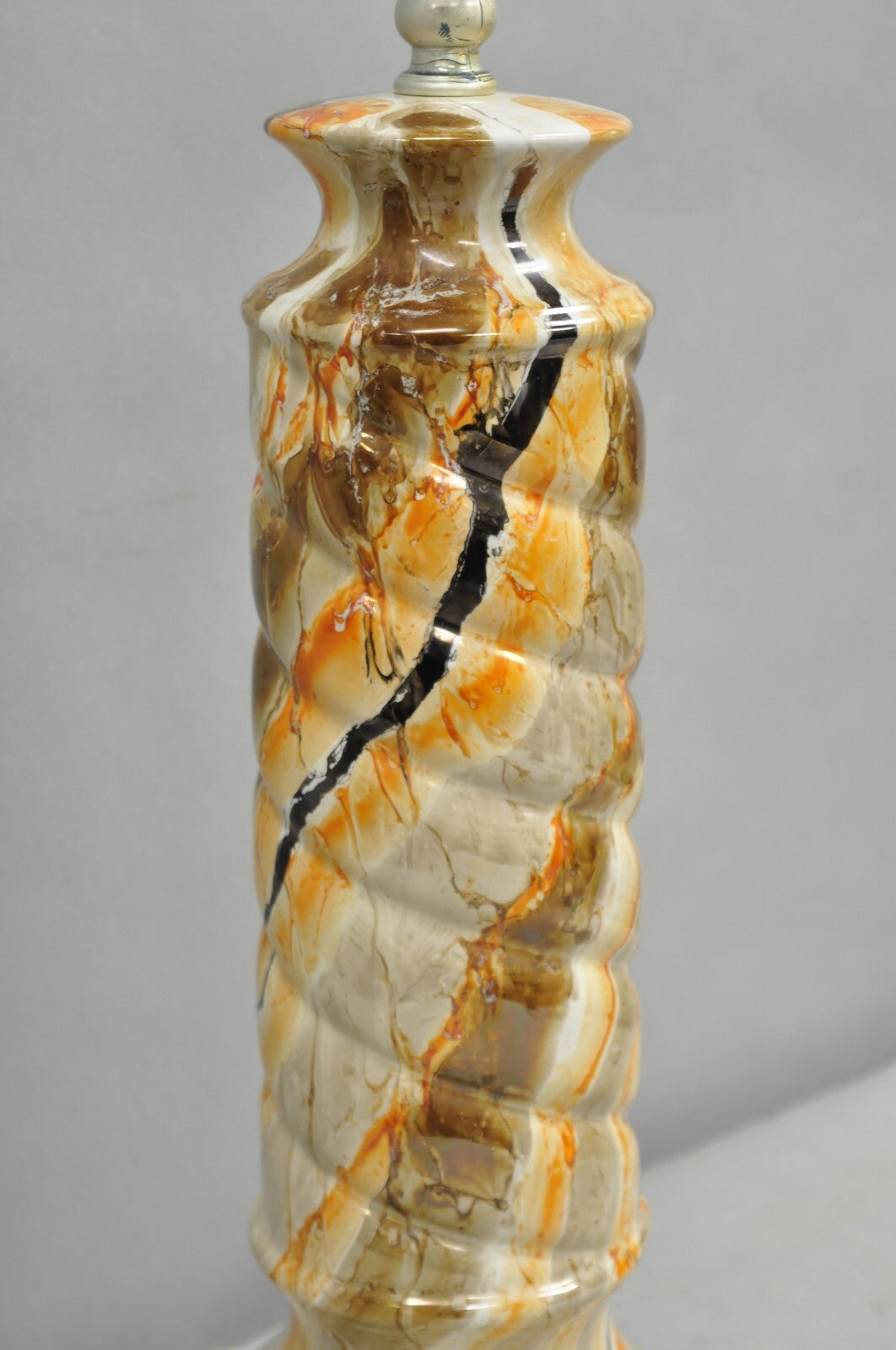 Vintage Mid Century Modern Glazed Pottery Orange Faux Marble Column Table Lamp