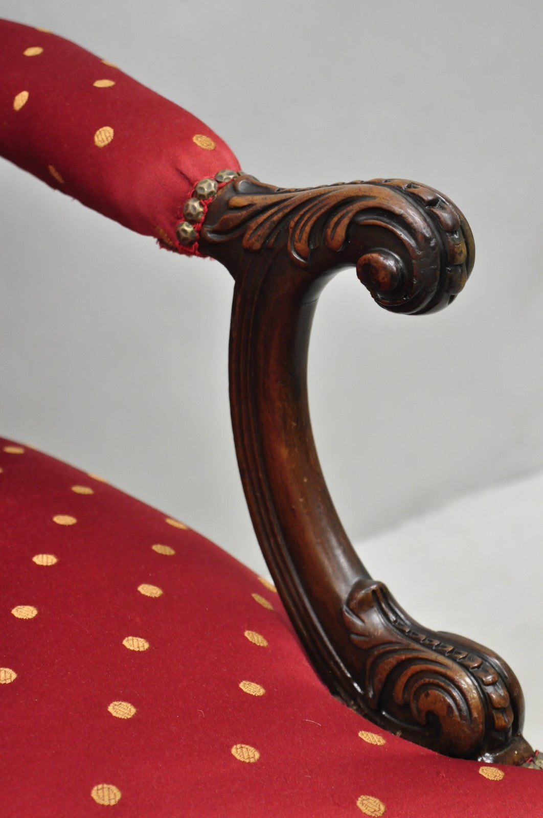 Antique English Georgian Style Carved Mahogany Red Library Lounge Arm Chair