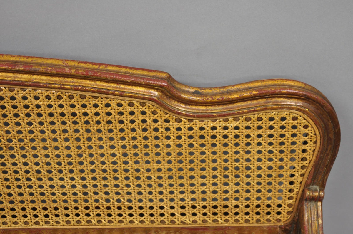 Vintage French Louis XV Style Distressed Gold Gilt Cane Back Vanity Bench Seat