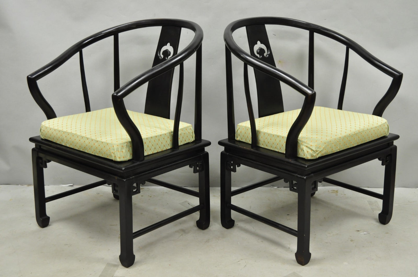 Vintage Oriental Ming Style Ebonized Horseshoe Lounge Chairs by Century (B) Pair