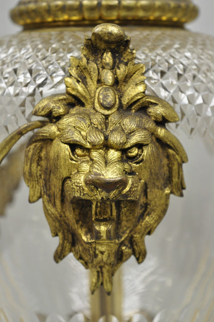 Antique French Neoclassical Bronze Lion Ormolu Diamond Cut Glass Urn Table Lamp