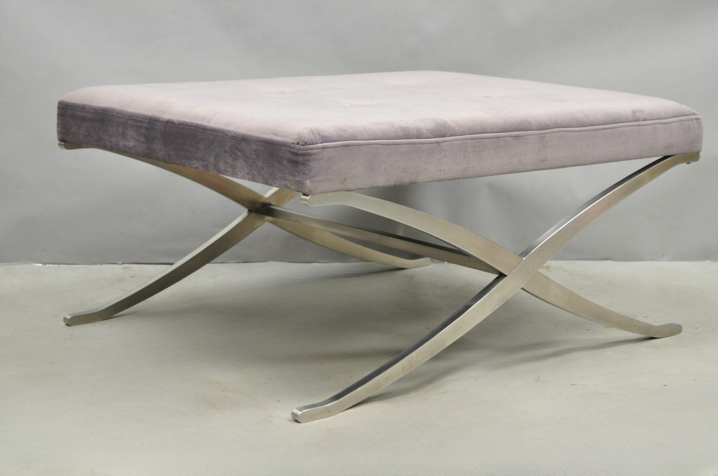Contemporary Modern Brushed Chrome Frame X-Form Purple Tufted Bench Ottoman