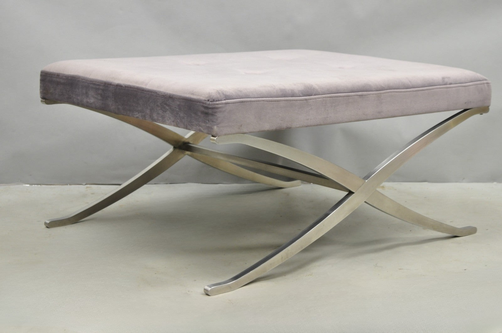 Contemporary Modern Brushed Chrome Frame X-Form Purple Tufted Bench Ottoman