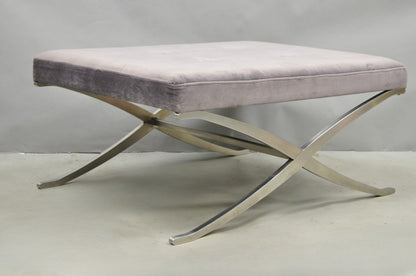Contemporary Modern Brushed Chrome Frame X-Form Purple Tufted Bench Ottoman