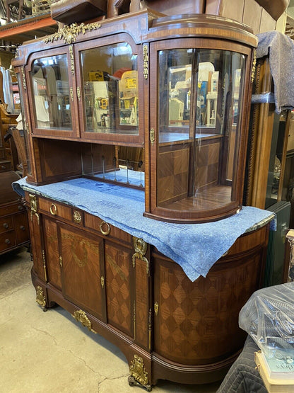 Antique French Louis XV Style Marble Top Bowed Glass Bronze Ormolu Sideboard