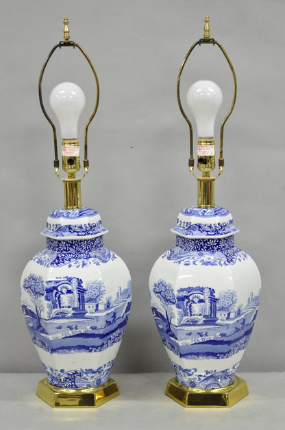 Vintage Spode Chinoiserie French Blue White Porcelain Ginger Jar Table Lamp Pair