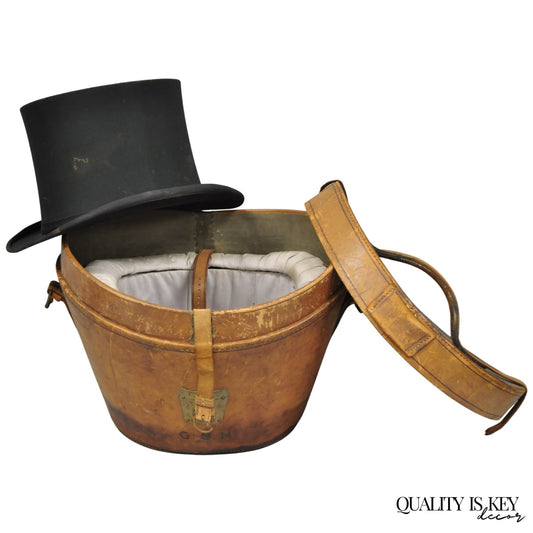 Antique Victorian Brown Leather Travel Case Hat Box w/ Miller of NY Silk Top Hat