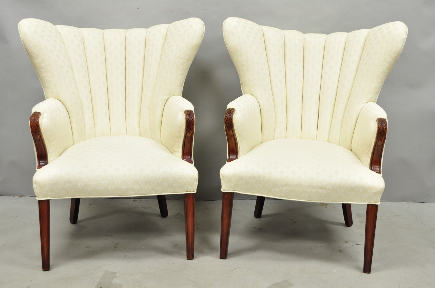Vintage French Art Deco Style Channel Wingback Mahogany Lounge Arm Chairs - Pair