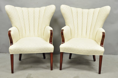 Vintage French Art Deco Style Channel Wingback Mahogany Lounge Arm Chairs - Pair