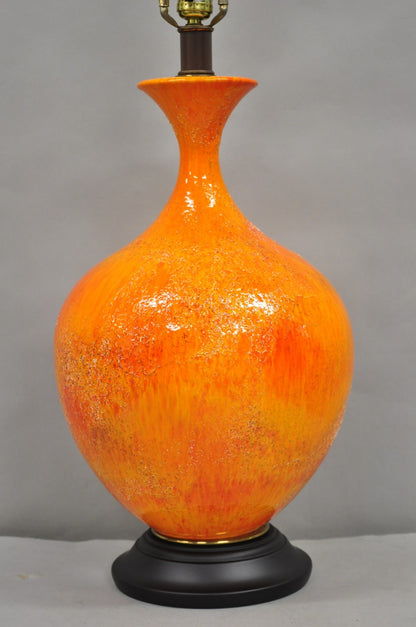 Vintage Mid Century Modern Orange Lava Glazed Bulbous Ceramic Pottery Table Lamp