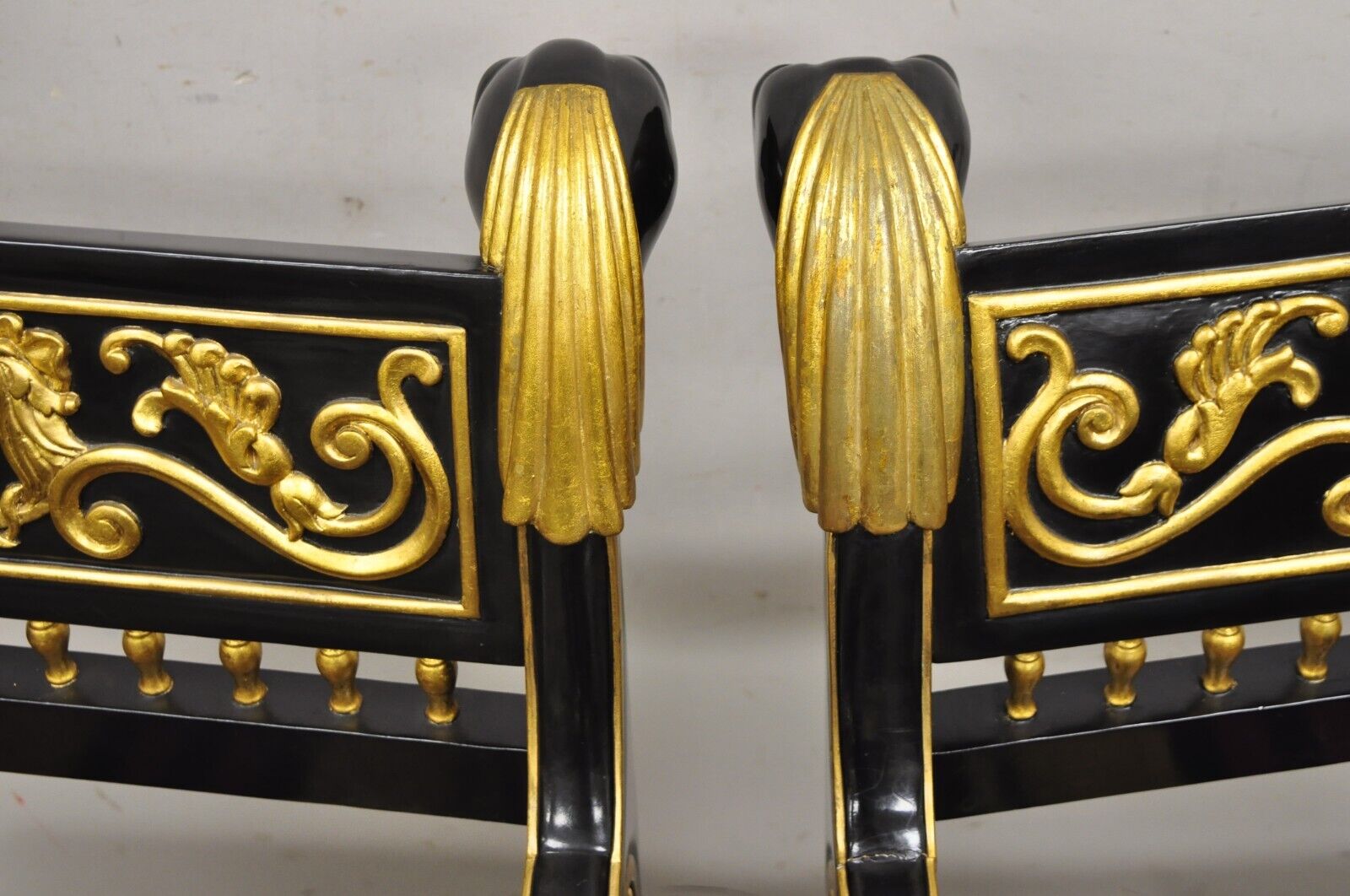 Egyptian Revival Regency Black Ebonized Gold Gilt Lion Head Throne Chairs - Pair