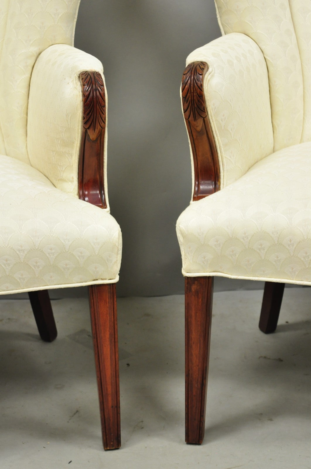 Vintage French Art Deco Style Channel Wingback Mahogany Lounge Arm Chairs - Pair