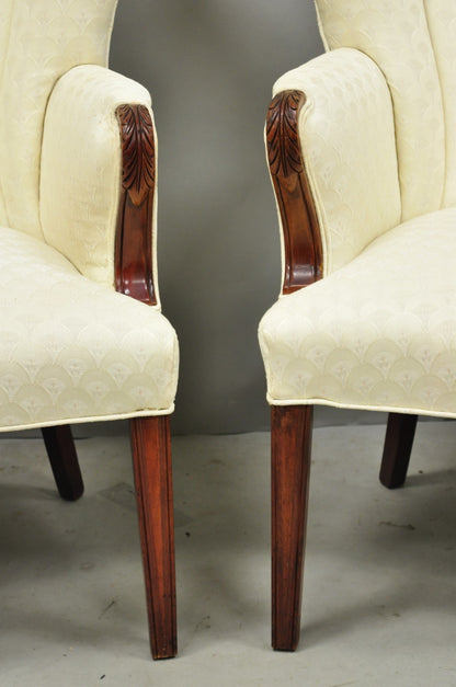 Vintage French Art Deco Style Channel Wingback Mahogany Lounge Arm Chairs - Pair