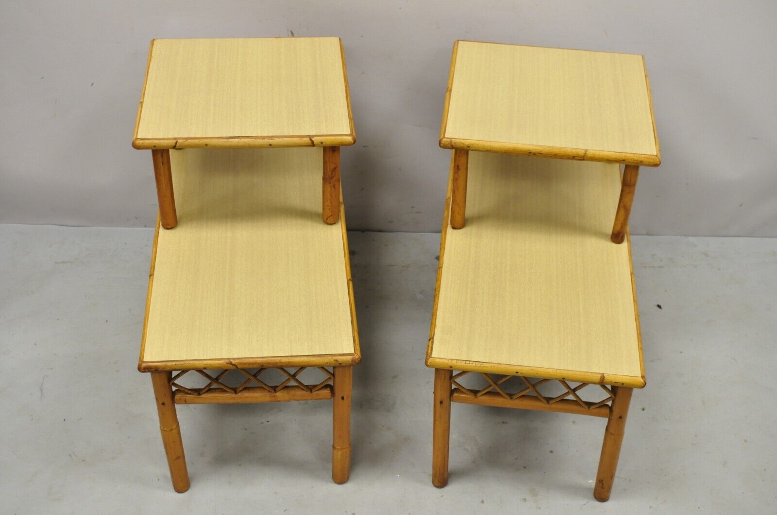 Vintage Tiki Rattan Mid Century Bamboo Step Up End Tables - a Pair