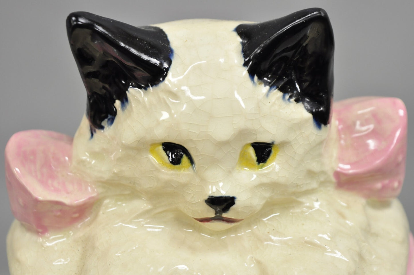 Vintage McCoy Pottery White and Black Cat Kitten Kitty in Pink Basket Cookie Jar