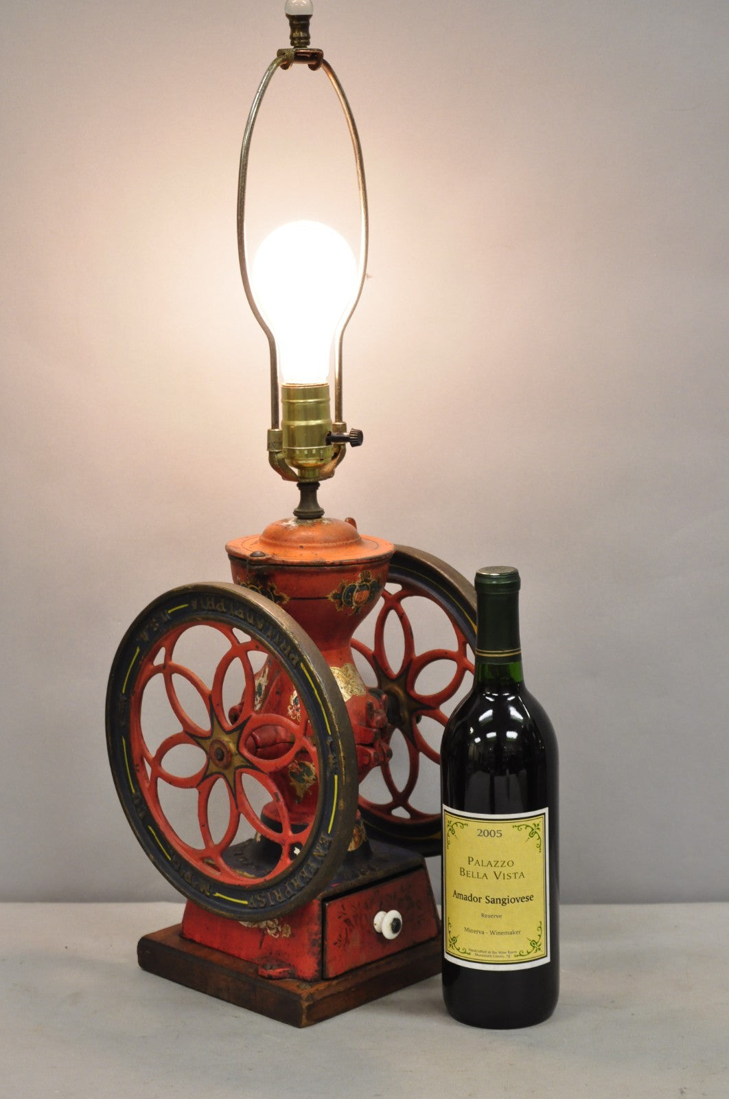 Antique Victorian Enterprise Phila. Red Cast Iron Coffee Mill Grinder Table Lamp
