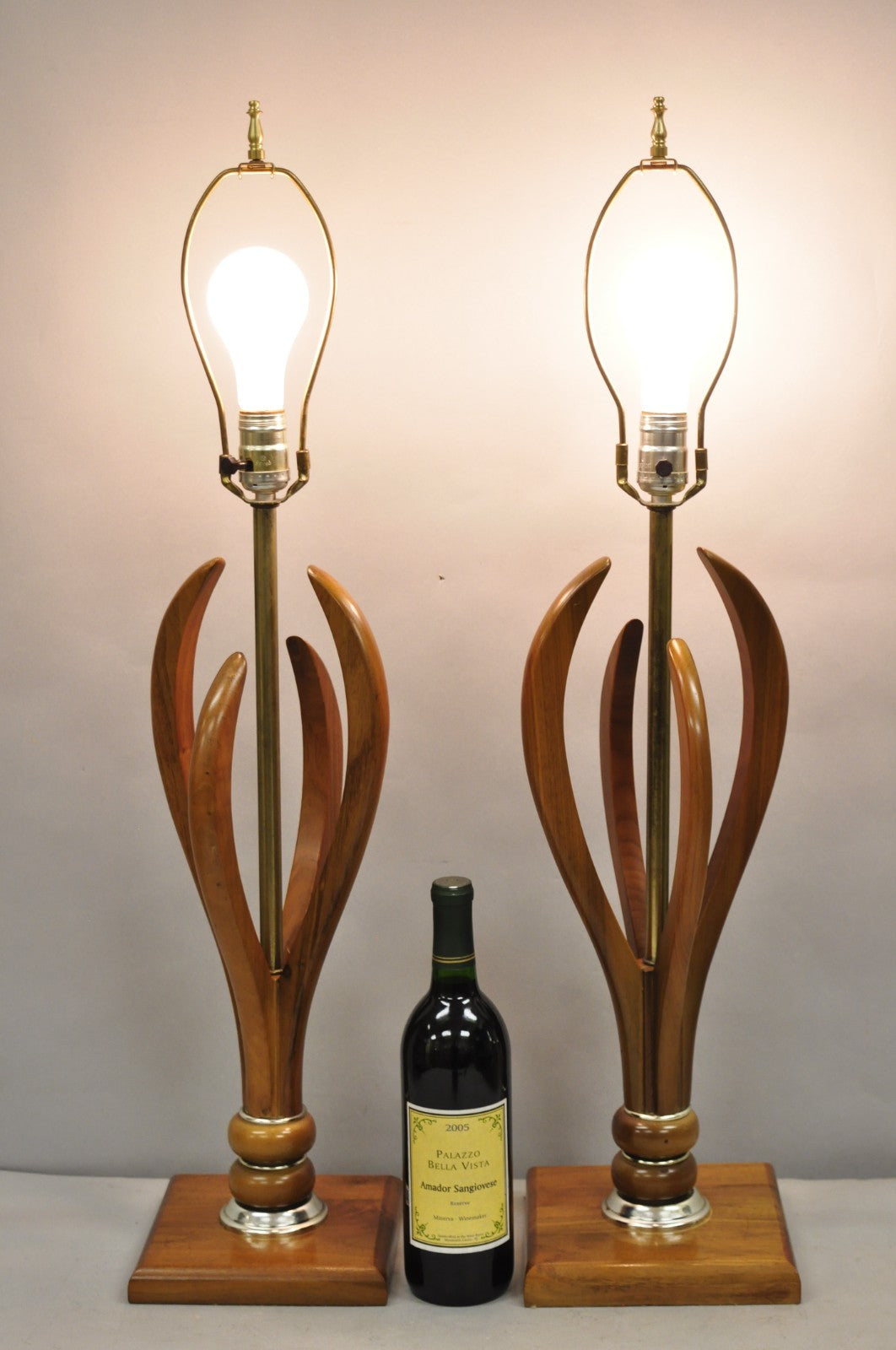 Vintage Mid Century Modern Sculptural Walnut Wood & Brass Table Lamps - a Pair