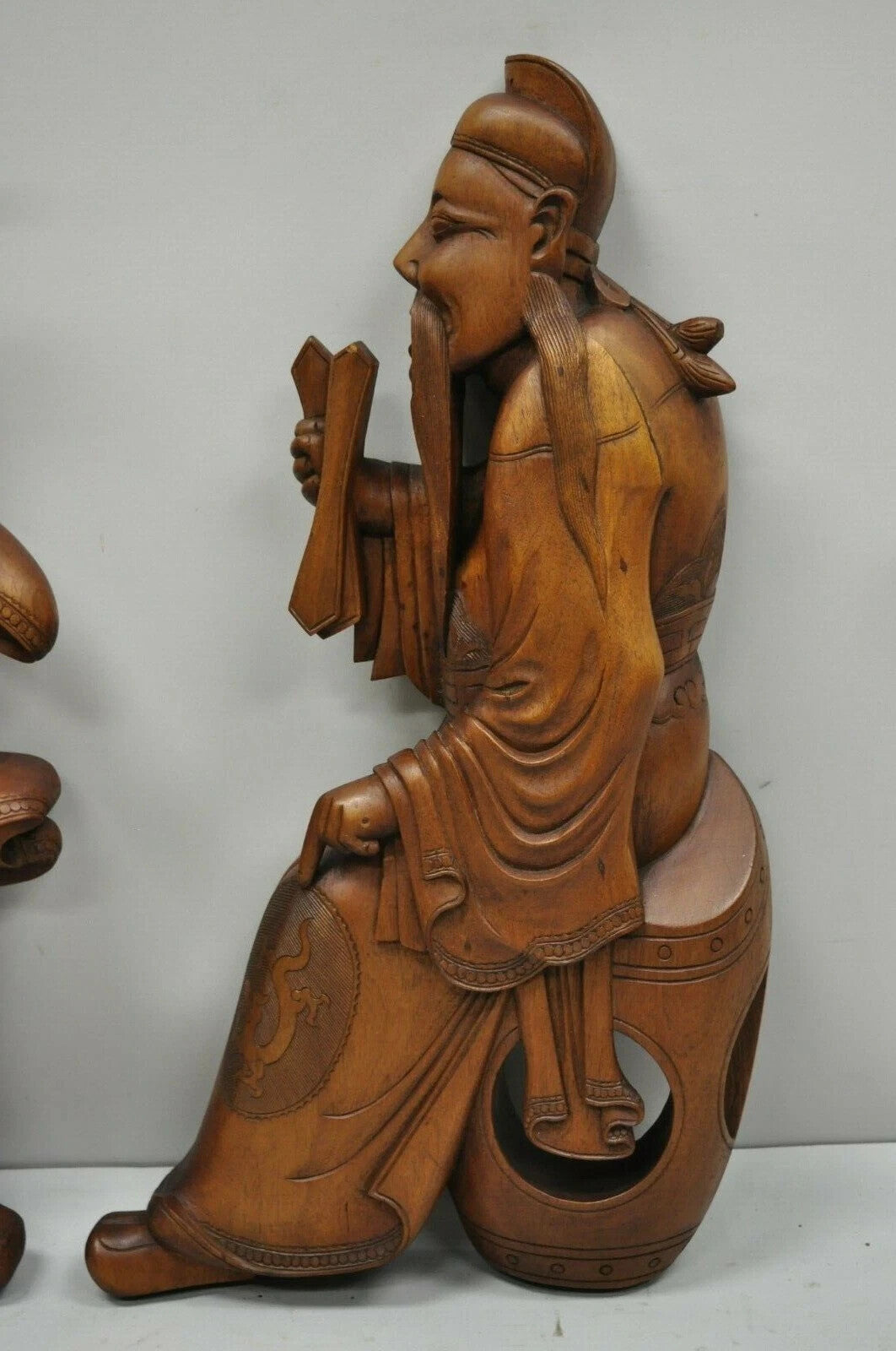 Vintage Ricardo Lynn Carved Teak Wood Oriental Figures Flute Player Wiseman Pair