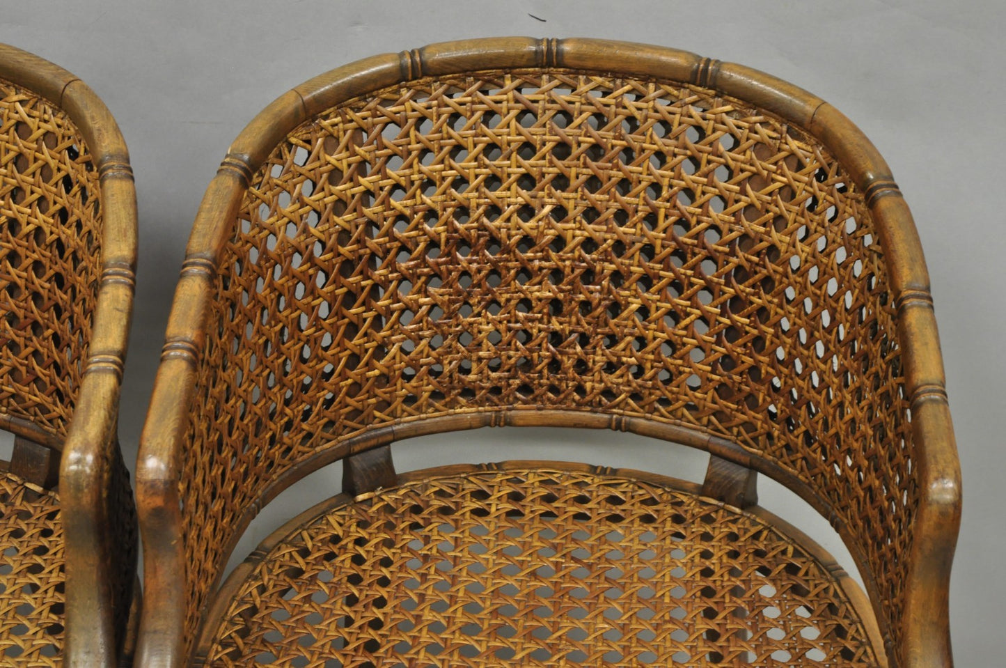 Vintage Hollywood Regency Faux Bamboo Wood & Cane Barrel Back Lounge Chair, Pair