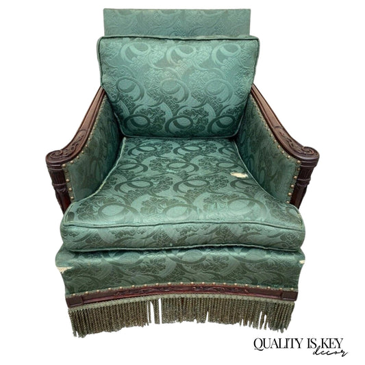 Antique French Hollywood Regency Carved Mahogany Art Deco Club Lounge Chair