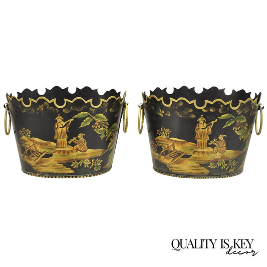 Scalloped Italian Hand Painted Toleware Chinoiserie Black Metal Planter - A Pair