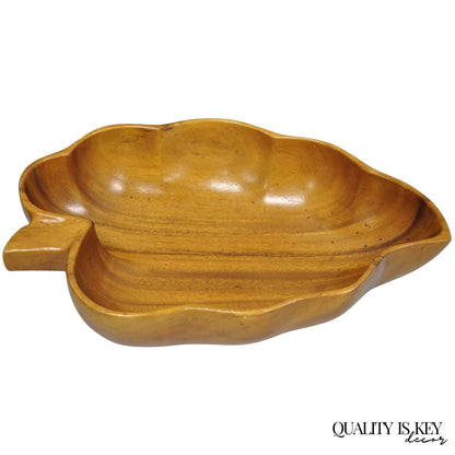 Vintage Mid Century Modern Monkey Pod Carved Koa Wood Banana Leaf 16" Fruit Bowl