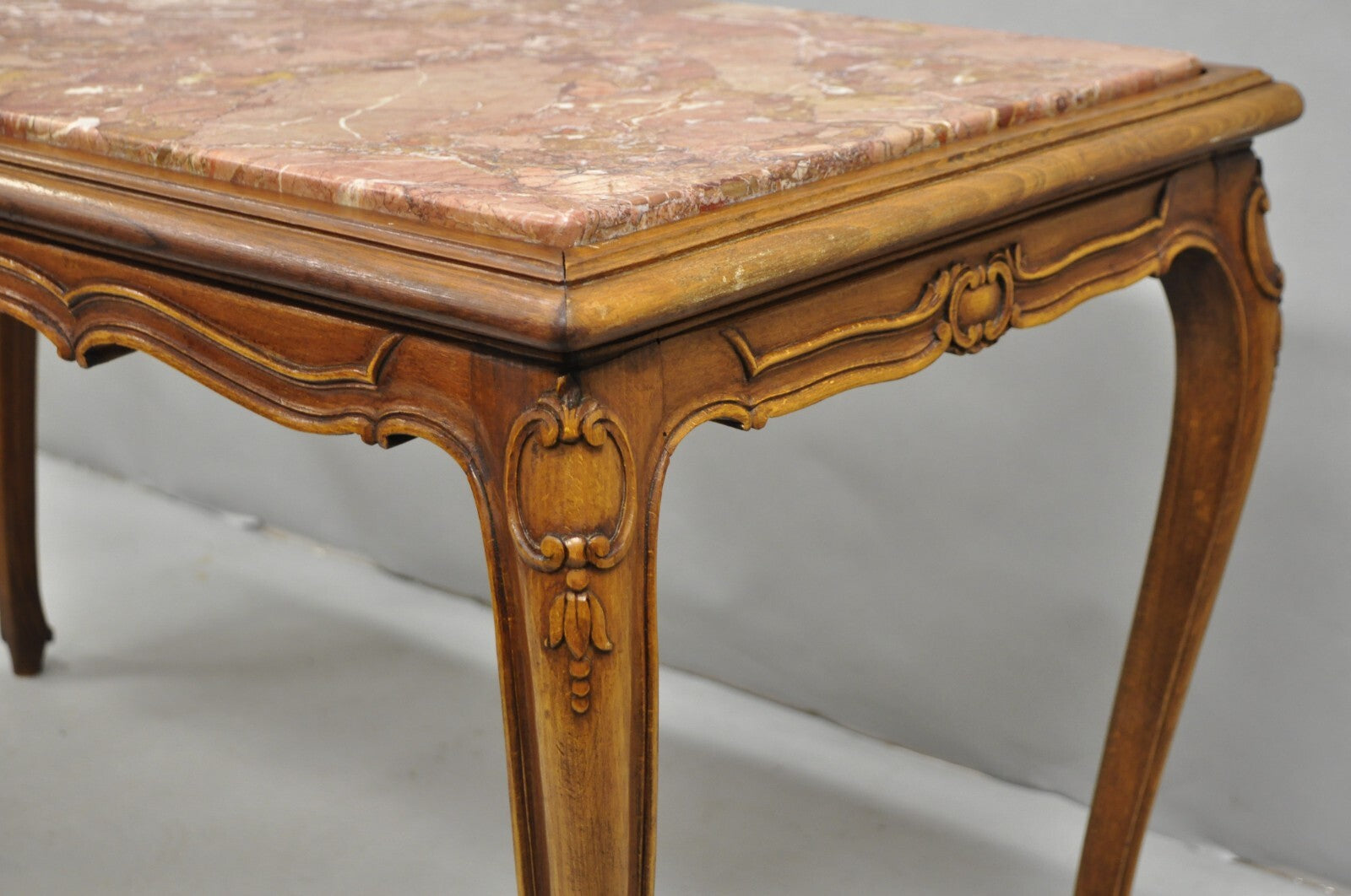 Antique French Louis XV Style Carved Walnut Rouge Marble Top Console Hall Table