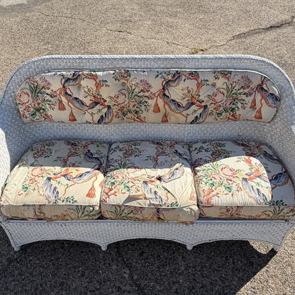 Antique Victorian White Wicker Rattan Sunroom Patio Sofa w/ Loose Cushions