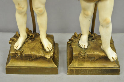 Antique French Moreau Figural Full Cherub Painted Metal Table Lamps - a Pair