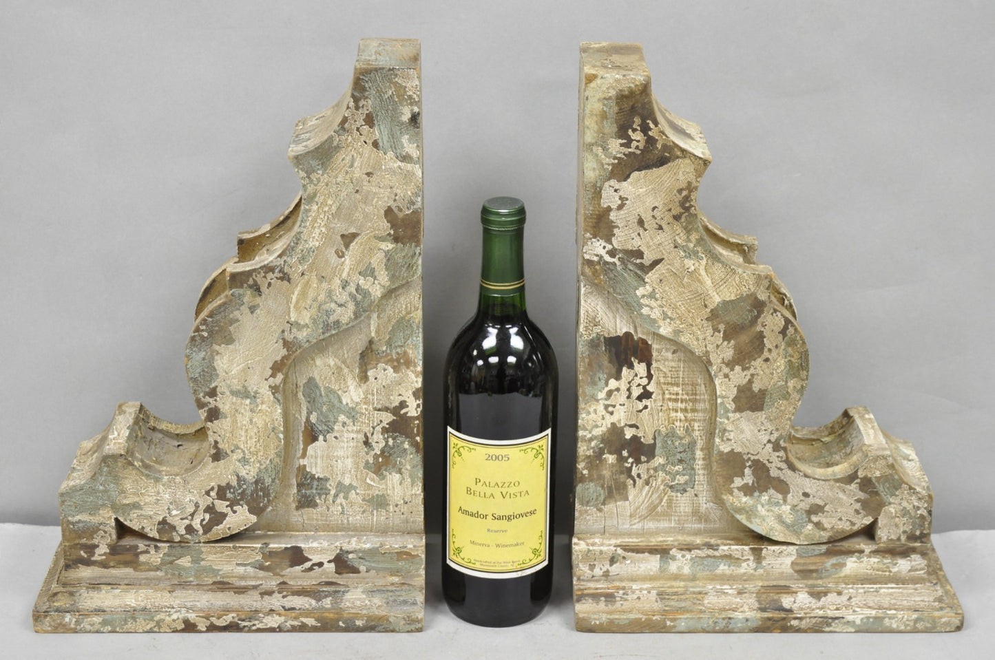 Victorian Carved Wood Blue & White Distress Painted Corbel Wall Bracket - a Pair