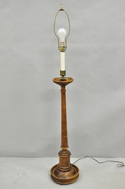 Vintage French Country Carved Wood Distressed Candlestick Floor Lamp by Chapman