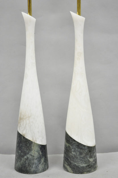 Vintage Italian Mid Century Modern 2 Tone Alabaster Green White Table Lamp Pair