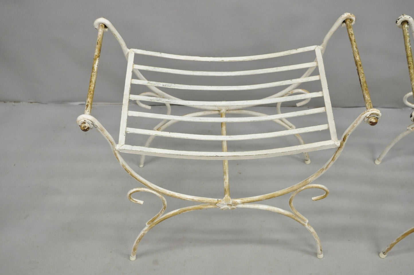 Vintage Italian Regency Wrought Iron & Brass Curule X Frame Stool - a Pair