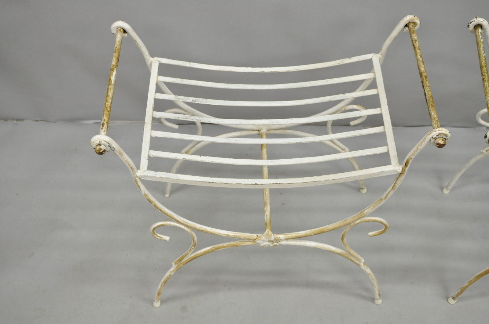 Vintage Italian Regency Wrought Iron & Brass Curule X Frame Stool - a Pair