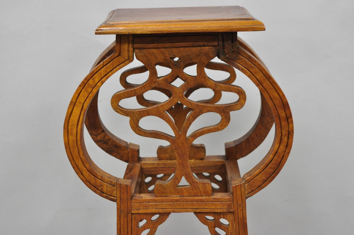 Vintage French Art Nouveau Style Carved Teak Pedestal Plant Stand Side Table