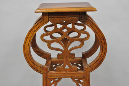 Vintage French Art Nouveau Style Carved Teak Pedestal Plant Stand Side Table