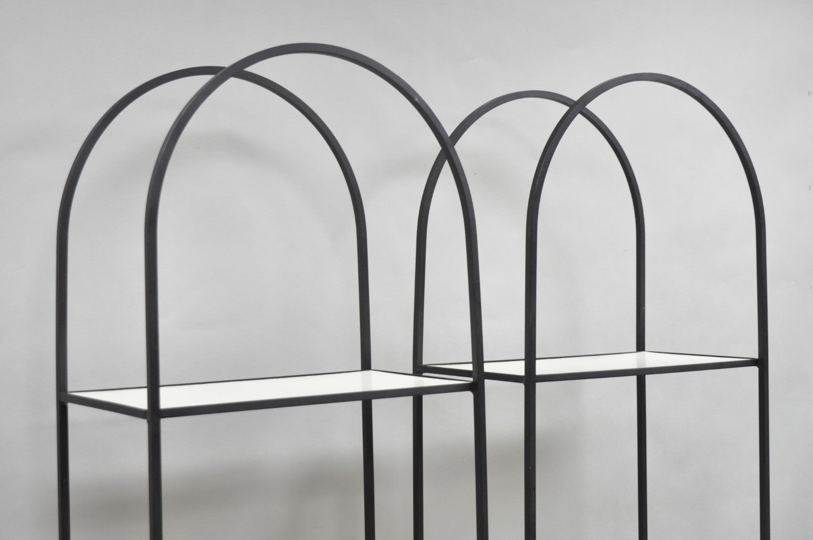 Vintage Mid Century Modern Narrow Arched Wrought Iron Etagere Bookcase - a Pair