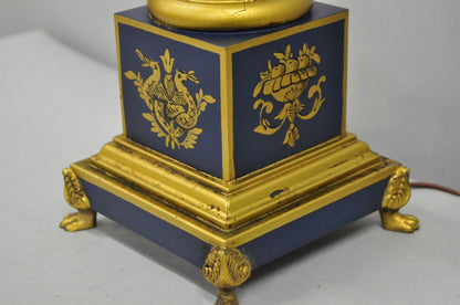 Vintage French Empire Blue Tole Metal Gold Swan Painted Urn Form Table Lamp