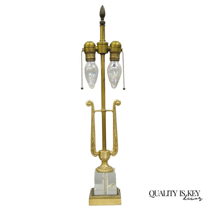 Antique French Empire Brass & Glass Classical Lyre Harp Small Boudoir Table Lamp