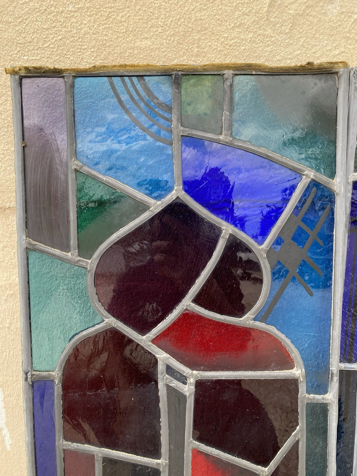 Vintage "Yo" & Door Art Deco Blue & Red Leaded Stained Glass Window 43x15 - 4 Pc