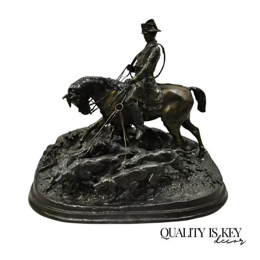 P.J. Mene The Hunt Scene Large Bronze Sculpture Pierre Jules Statue Horse Dogs