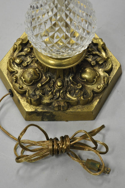Vintage French Empire Brass & Crystal Glass Column "Oil Lamp" Table Lamps, Pair