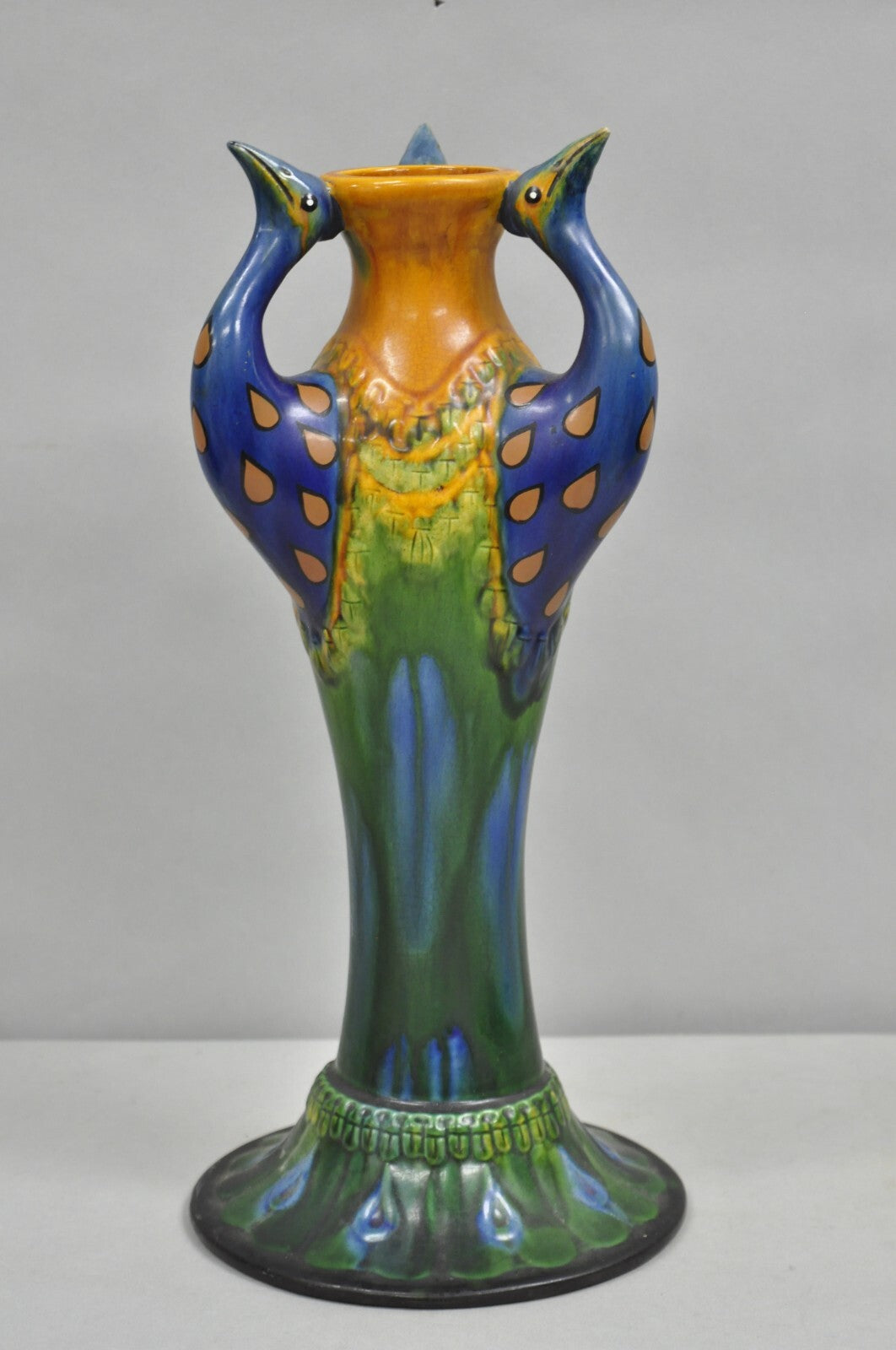 Vintage Art Nouveau Majolica Style Glazed Ceramic Pottery Peacock Bird Vase