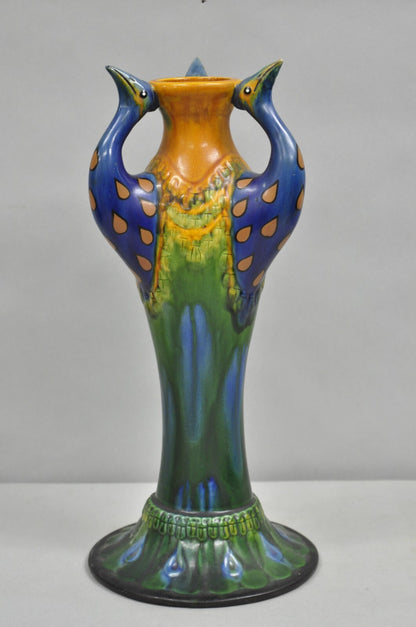 Vintage Art Nouveau Majolica Style Glazed Ceramic Pottery Peacock Bird Vase
