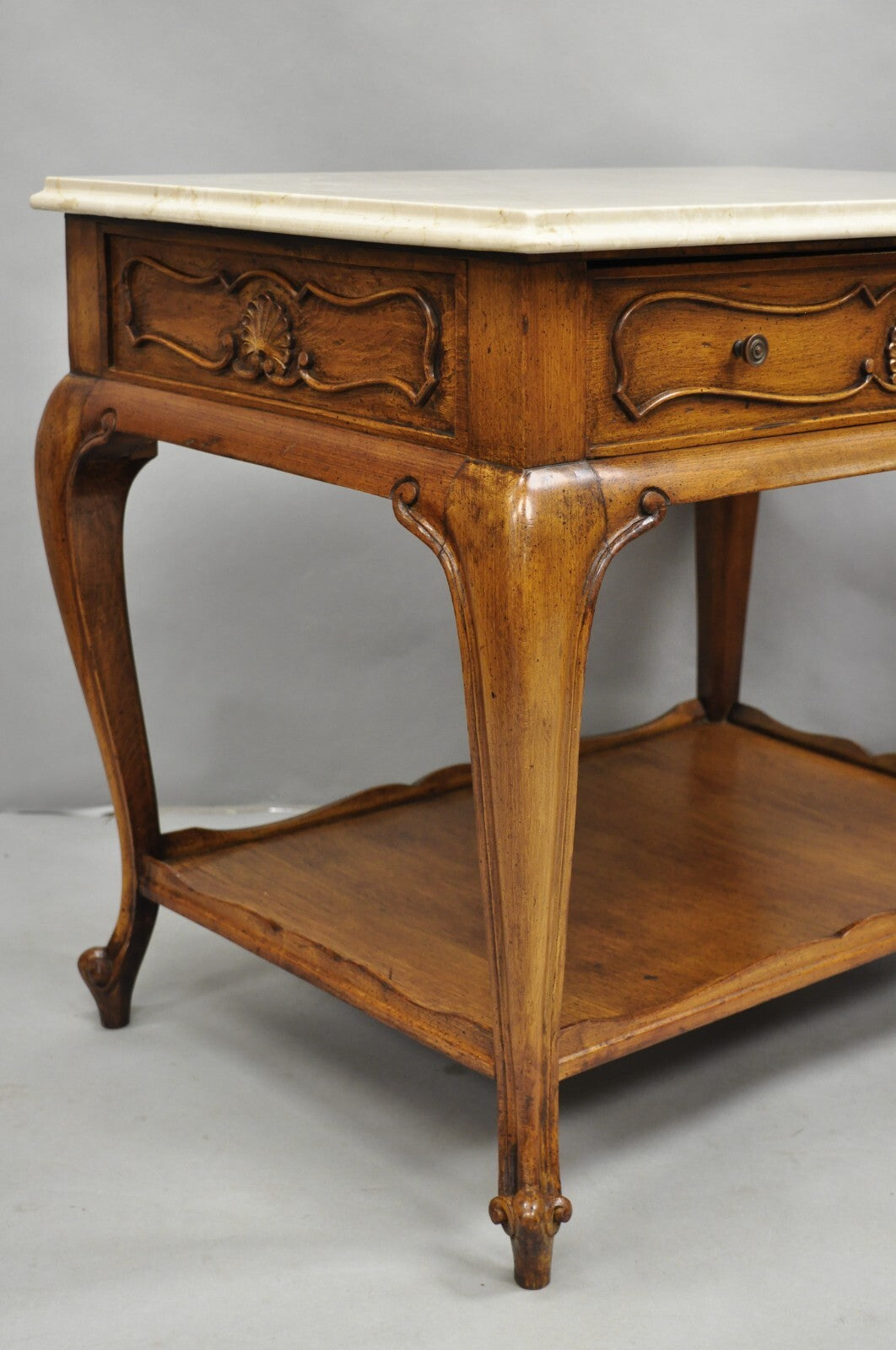French Country Provincial Rectangle Travertine Marble Top Walnut End Table Pair
