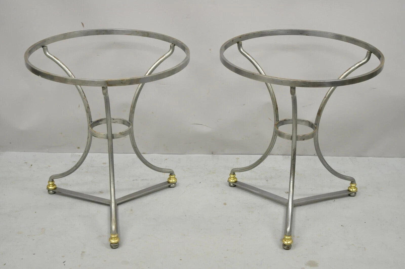Italian Neoclassical Maison Jansen Style Steel & Brass Round End Tables - a Pair